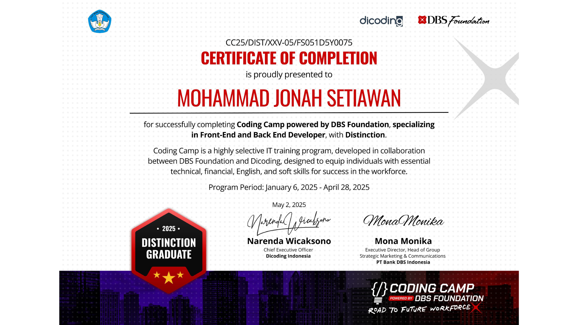 Distinction Graduate — Front-End & Back-End Developer certificate