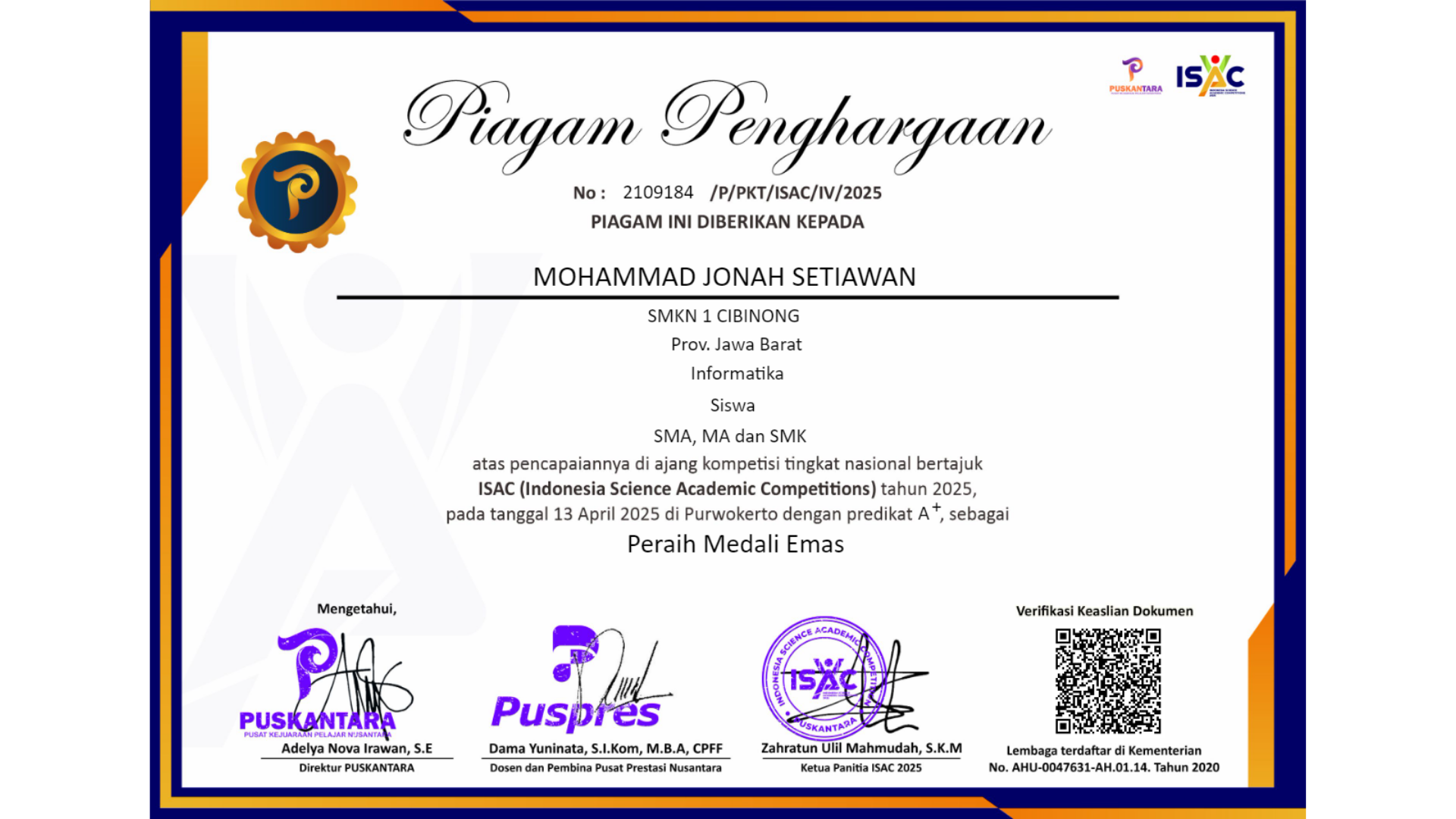 Gold Medal — Informatika ISAC 2025 certificate